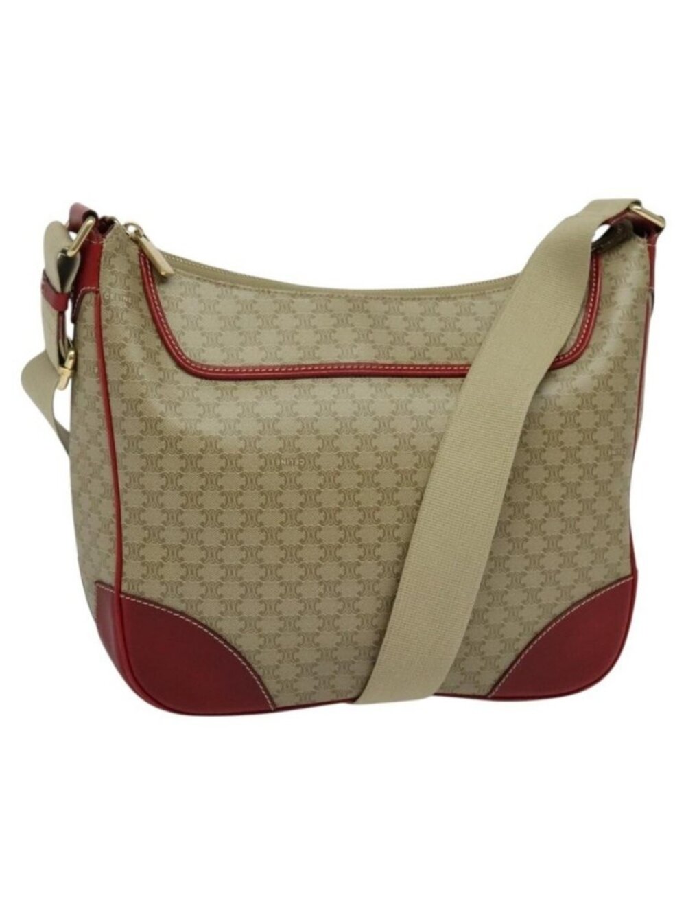Authentic CELINE Macadam Canvas Shoulder Bag Beige Gold